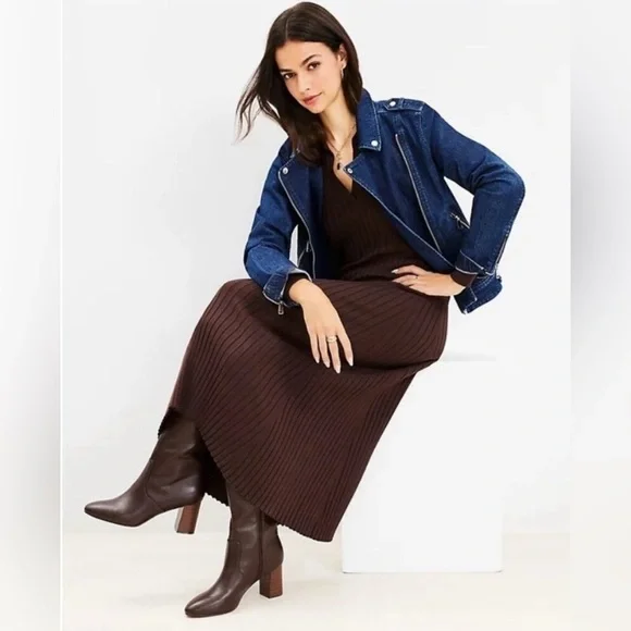 LOFT Chocolate Brown Ribbed Collared Polo Long Sleeve Knit Midi Dress M Medium - Picture 2 of 10